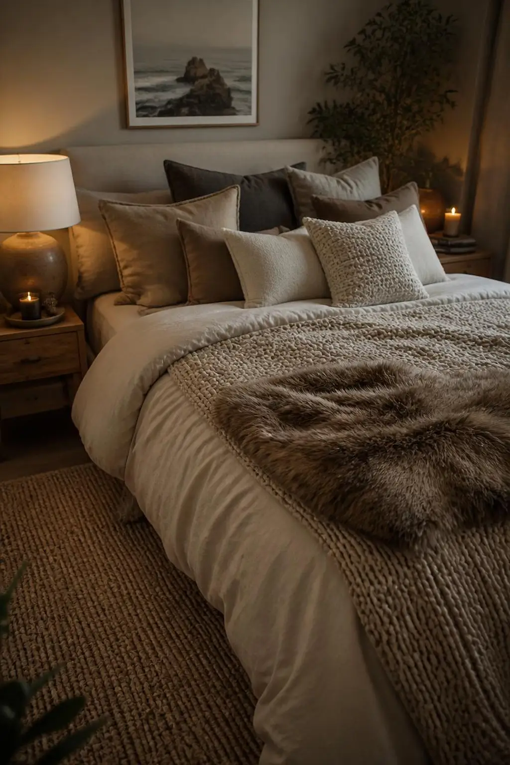 Small bedroom with cozy layered bedding, textured blankets, and soft decorative pillows.