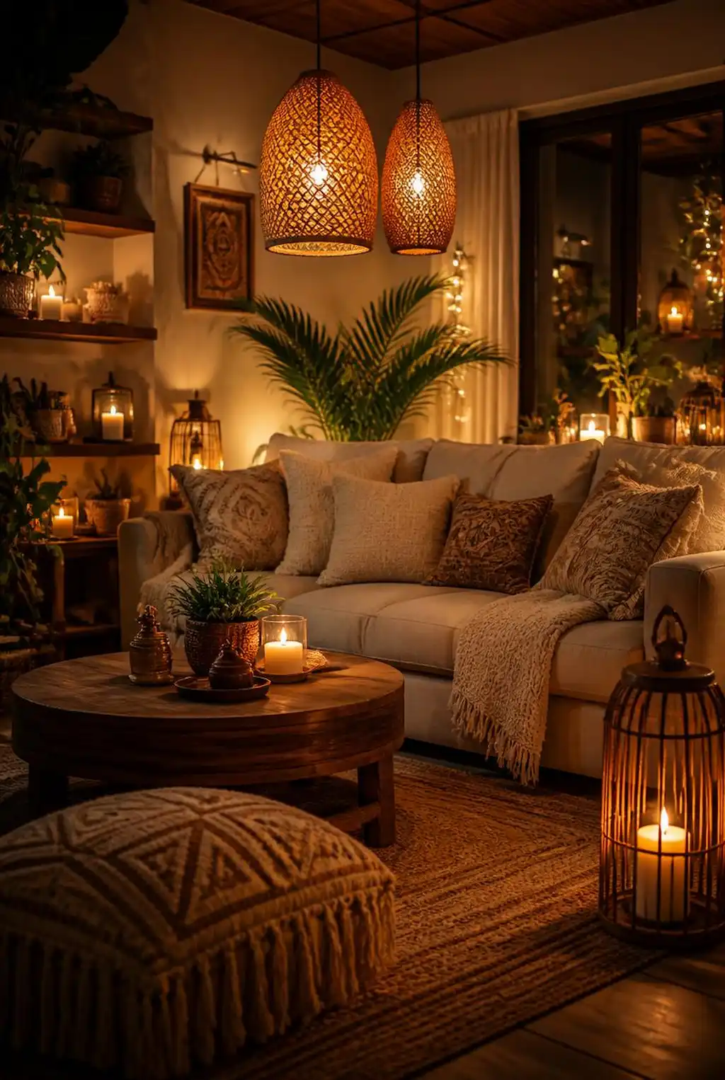 Warm boho living room with ambient lighting and woven pendant lights