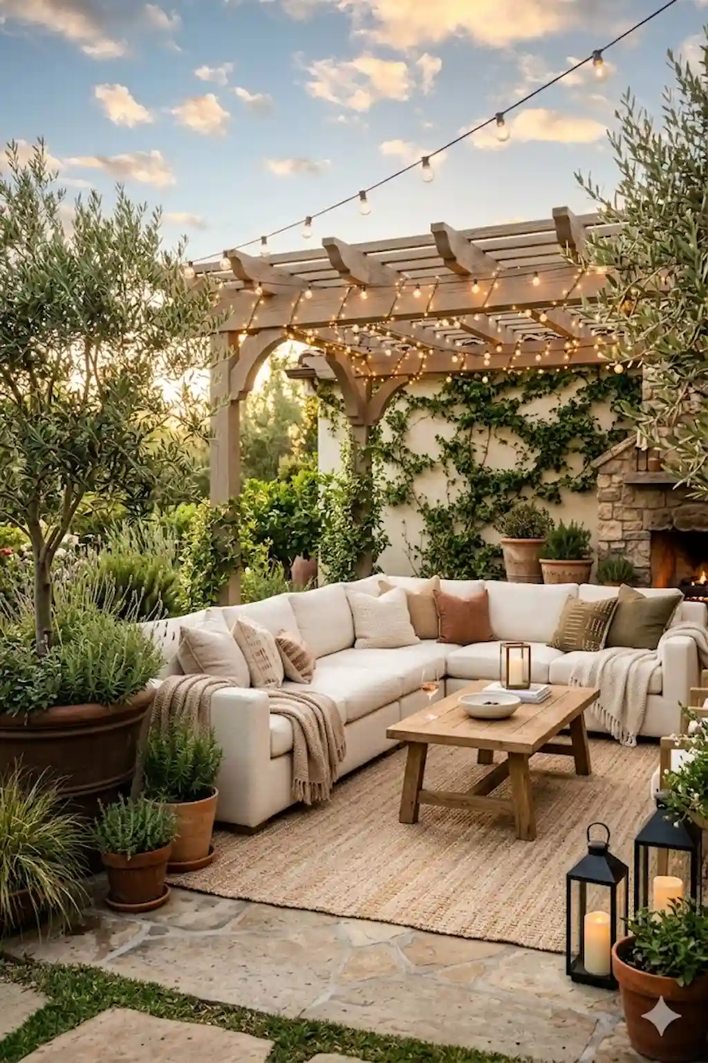 Cozy backyard lounge patio with soft seating and warm decor