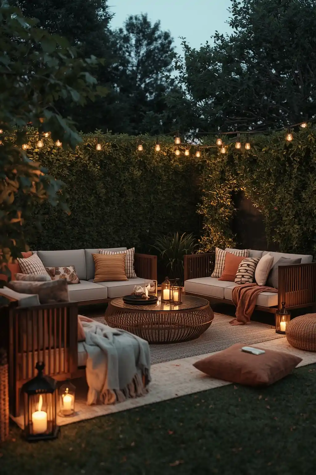 Cozy garden party lounge area with sofas, rugs, and cushions