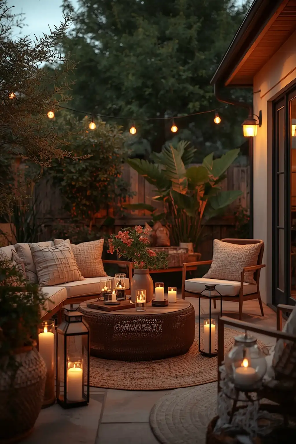 Warm outdoor patio styled with lanterns and cozy decor