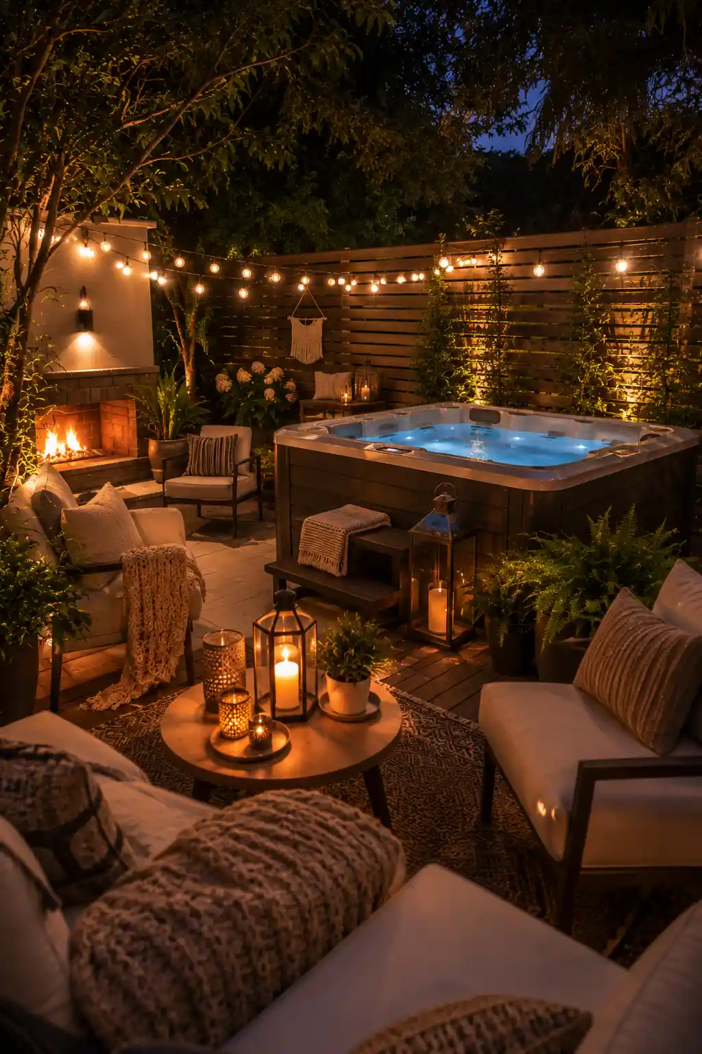 Backyard hot tub with cozy seating and warm outdoor decor