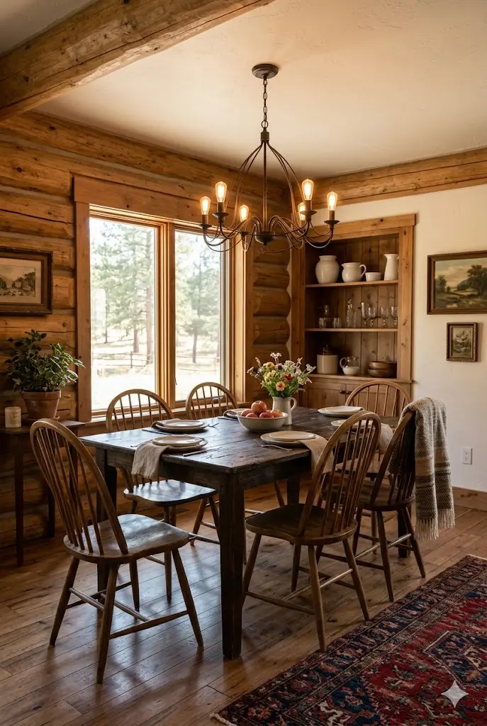 Ranch style dining area with wooden table and soft lighting