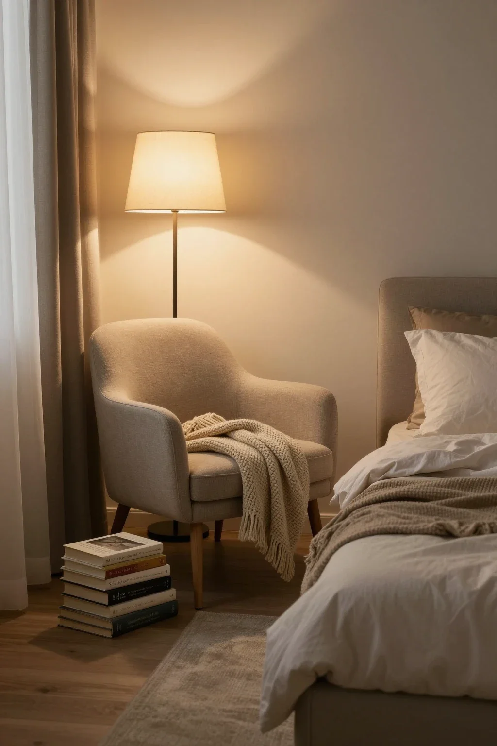 Small cozy bedroom with reading nook and warm lighting