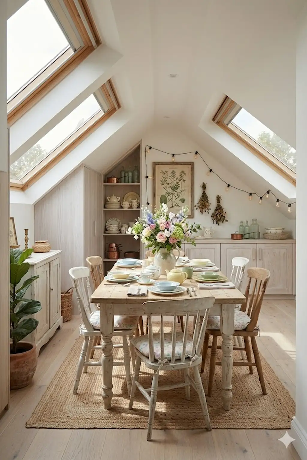 Cottage-style rustic dining room with distressed furniture, floral accents, and whitewashed finishes