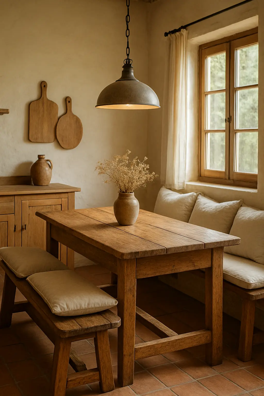 Rustic kitchen dining nook with farmhouse table
