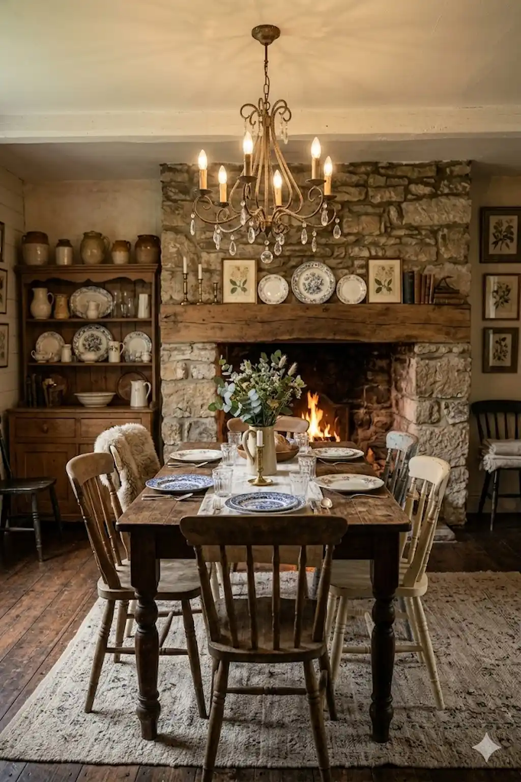 Rustic dining room featuring a stone fireplace, wooden furniture, and warm cozy lighting