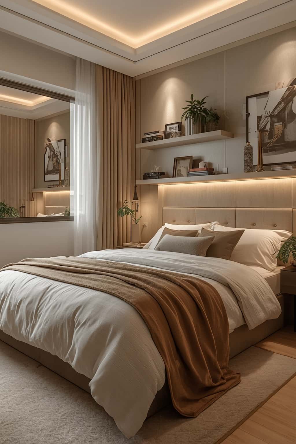 Small cozy bedroom with warm decor, layered bedding, and space-saving furniture.