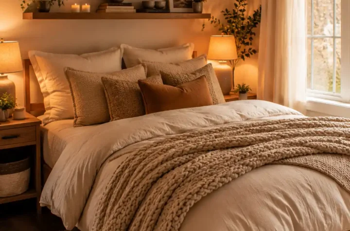 Cozy small bedroom with warm lighting, layered bedding, neutral colors, and stylish compact decor.