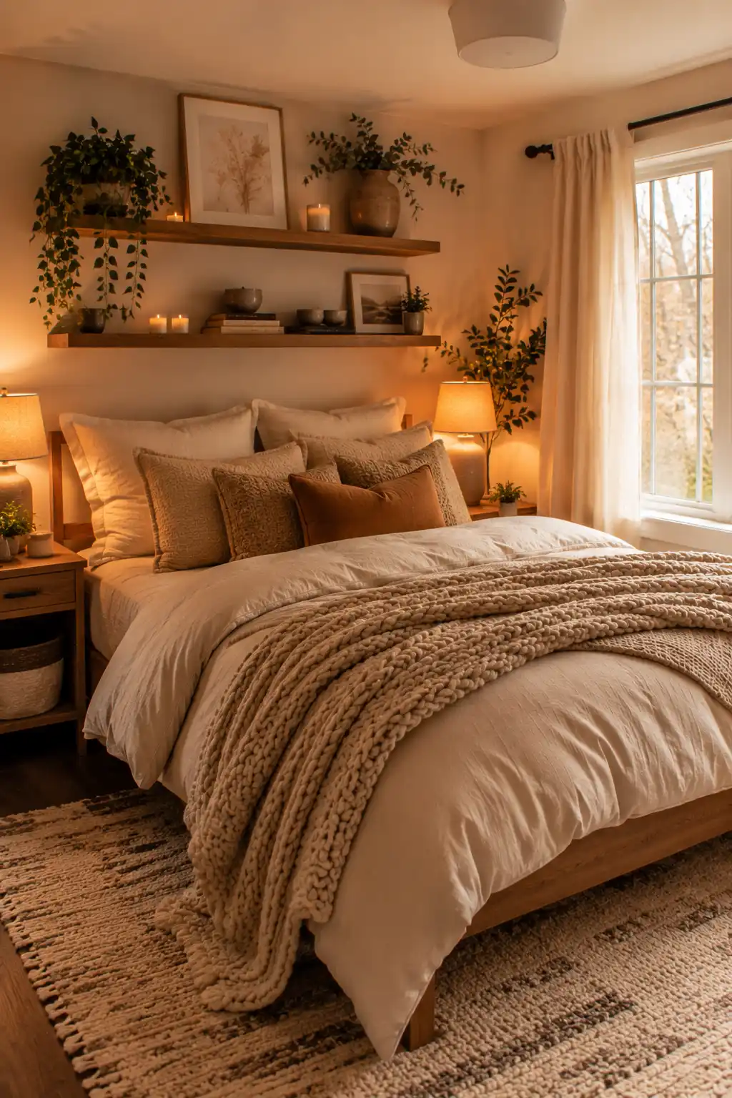 Cozy small bedroom with warm lighting, layered bedding, neutral colors, and stylish compact decor.