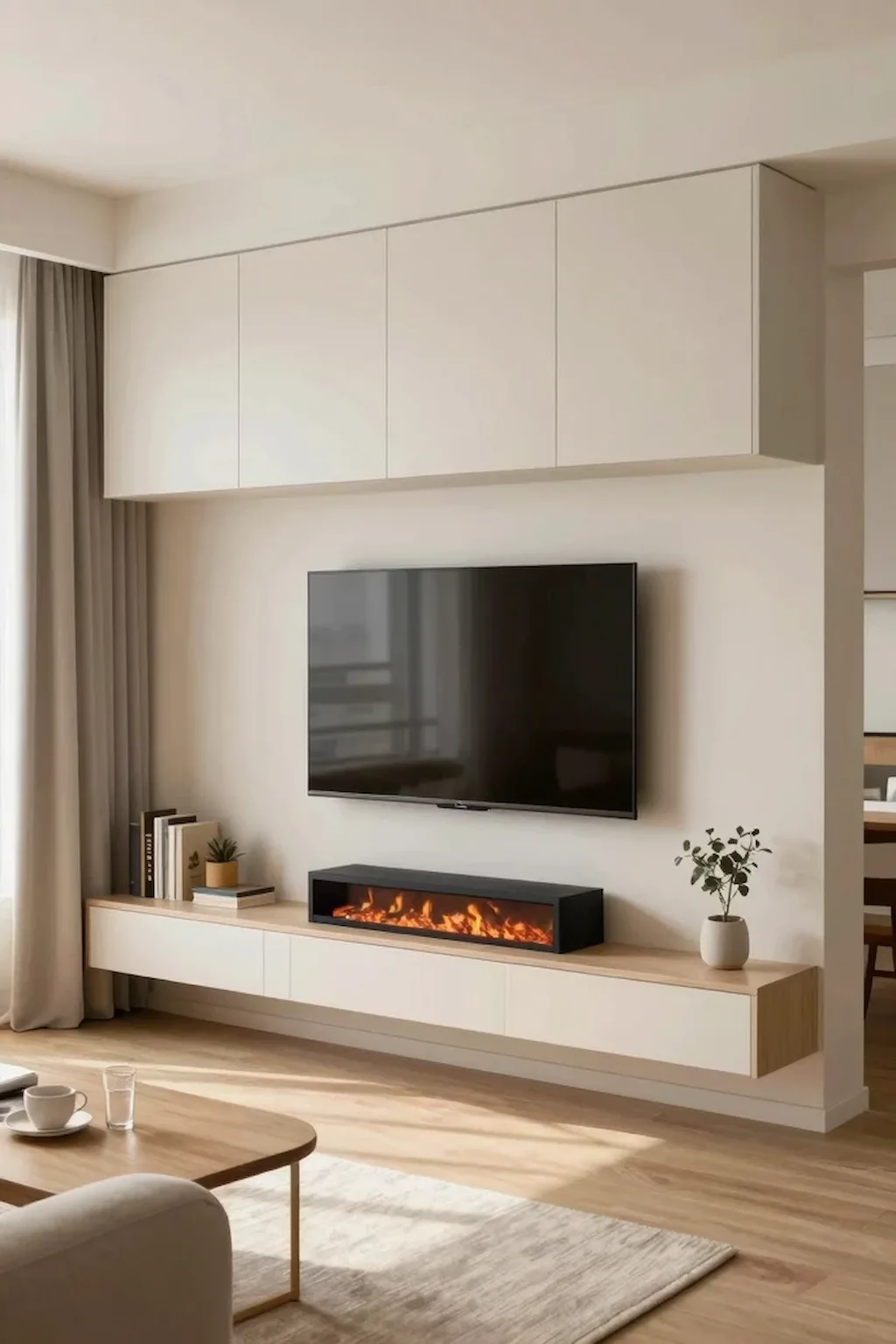 Small living room featuring a compact electric fireplace and TV wall with storage
