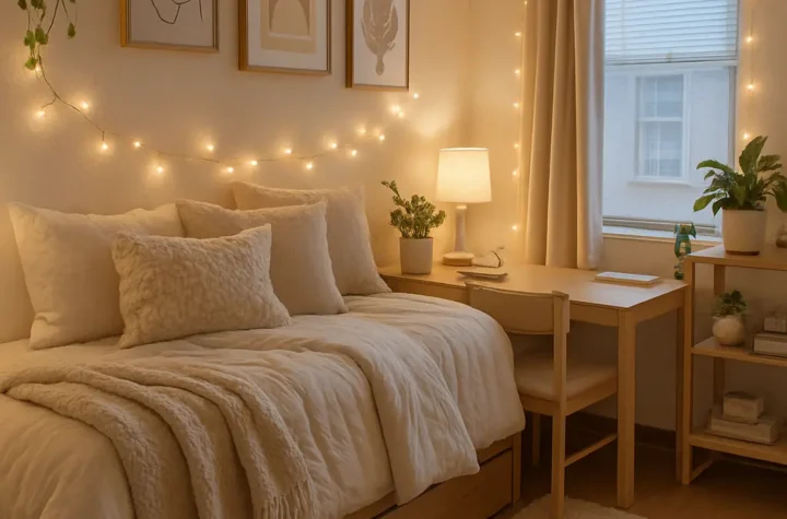 Cozy modern college dorm room with fairy lights, neutral decor, and stylish bedding