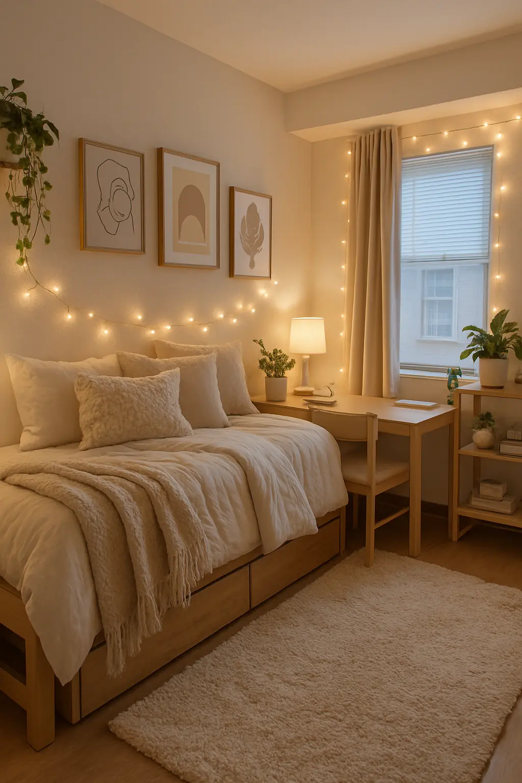Cozy modern college dorm room with fairy lights, neutral decor, and stylish bedding