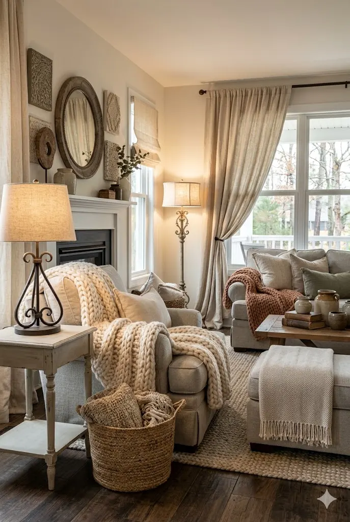 Living room styled with cozy blankets and soft fabrics
