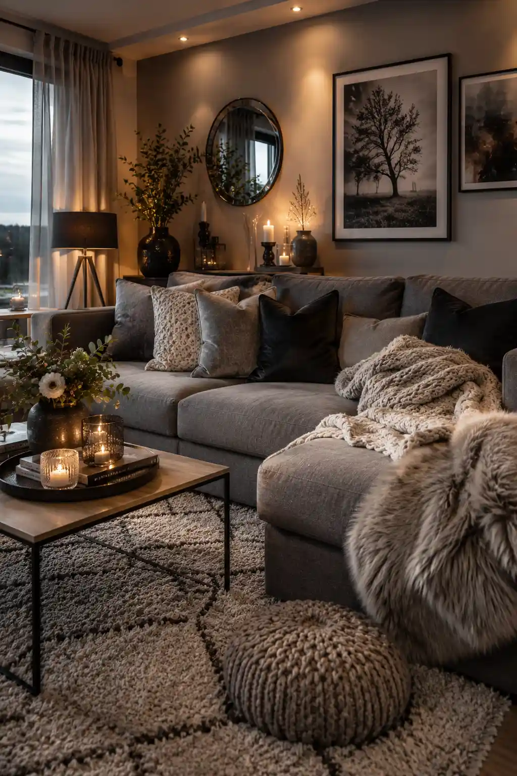 Grey sofa styled with cozy blankets, velvet cushions, and soft layered textures