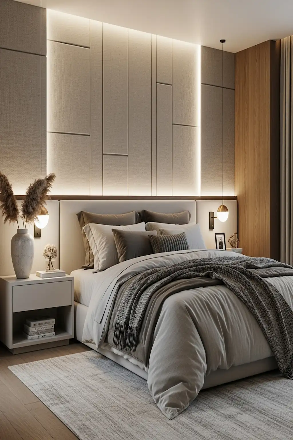 Cozy bedroom with textured walls, warm lighting, and layered bedding.
