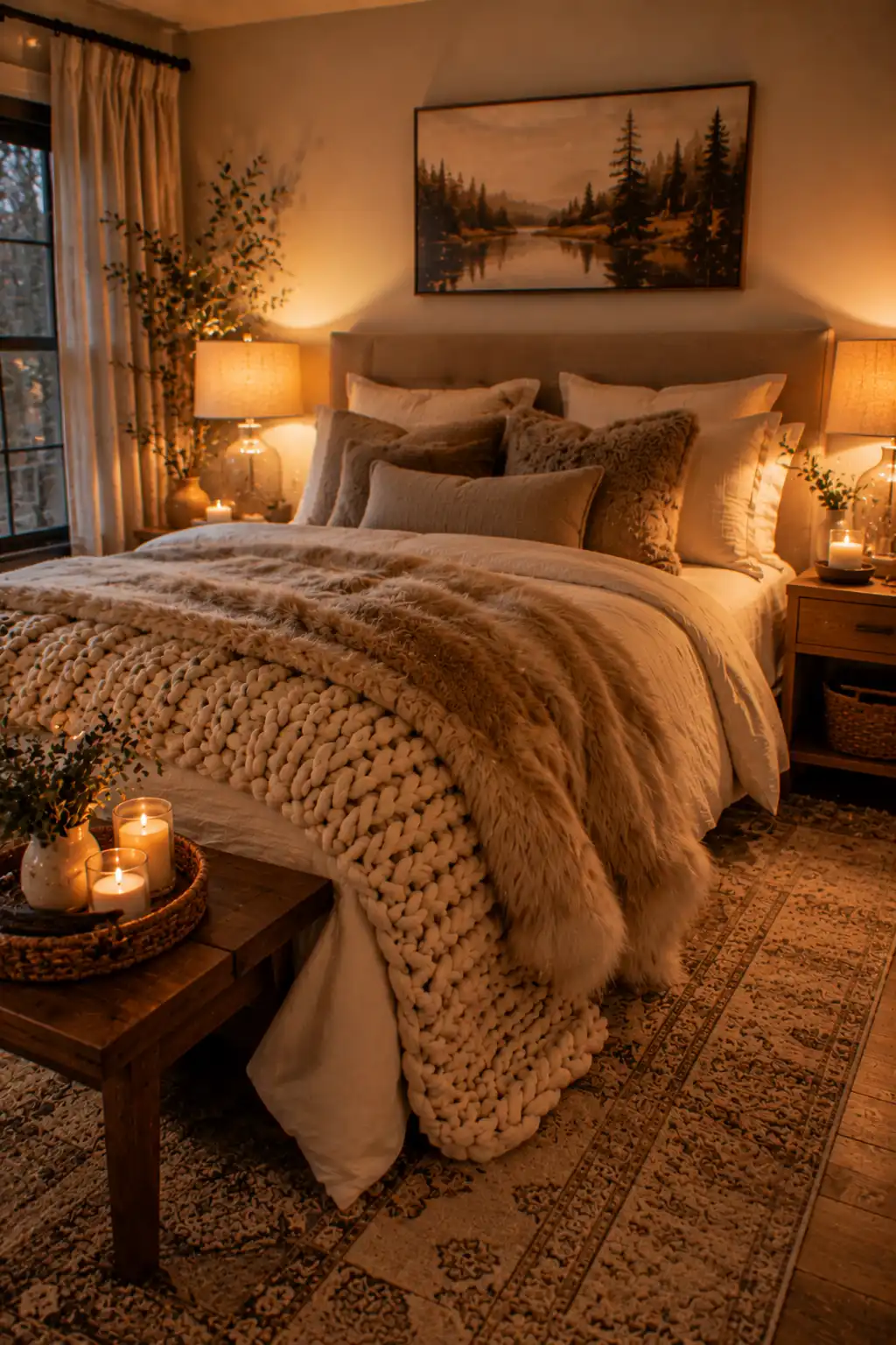 Cozy bedroom with soft throw blankets and layered textured bedding.