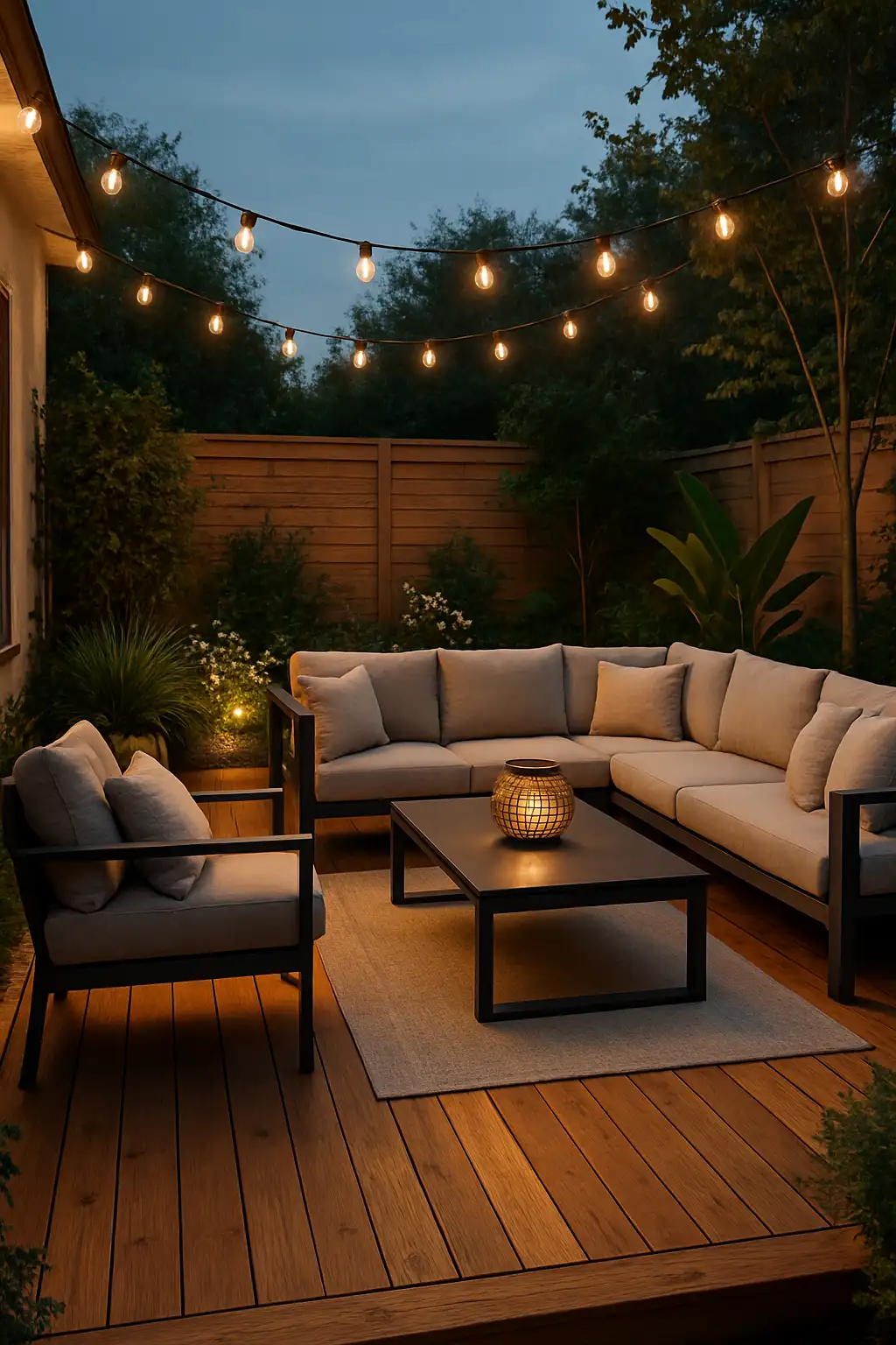 Modern backyard wooden deck with cozy seating and warm outdoor lighting