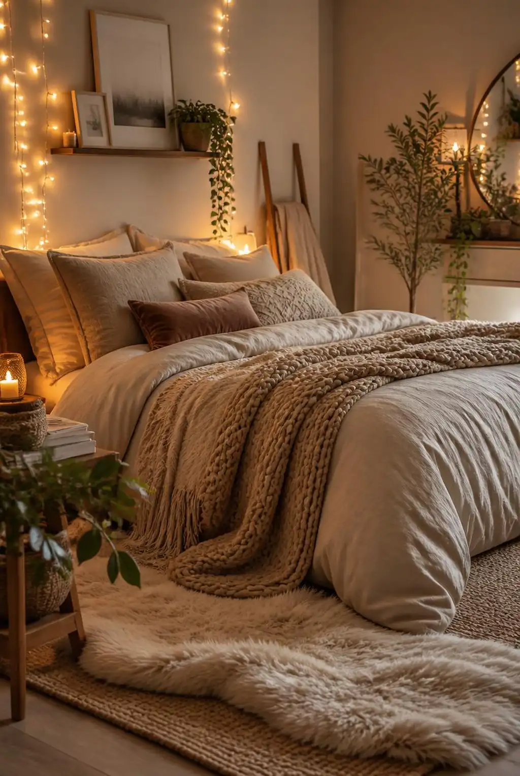 Cozy neutral bedroom with warm fairy lights and layered textures