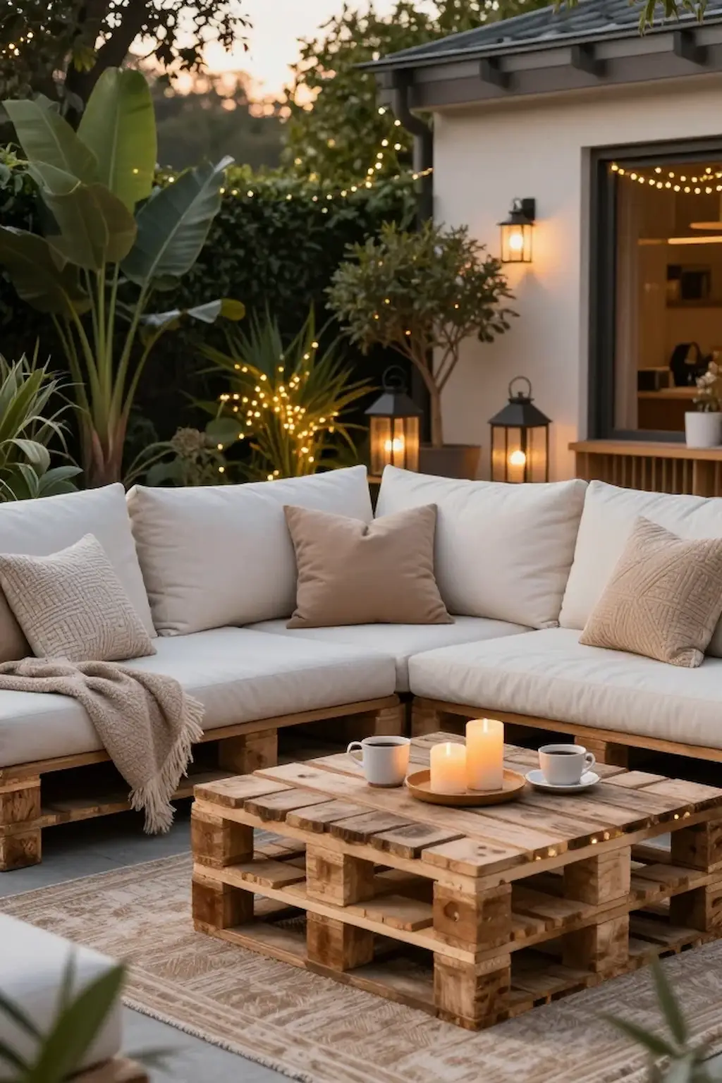 Cozy pallet sofa lounge with outdoor cushions and warm backyard lighting