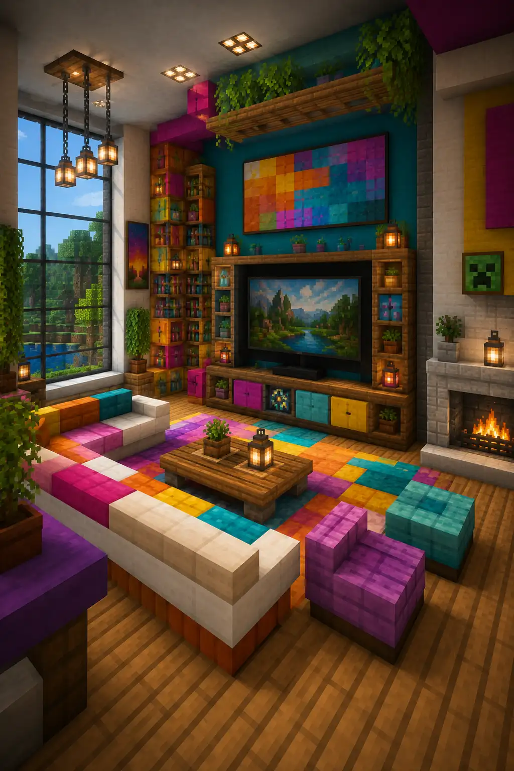Colorful Minecraft living room with creative and vibrant design