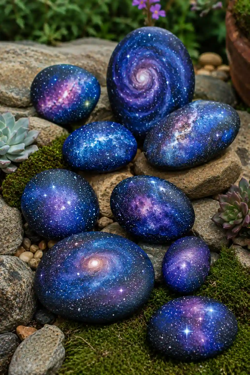 Galaxy-themed painted rocks featuring stars, planets, and colorful cosmic designs