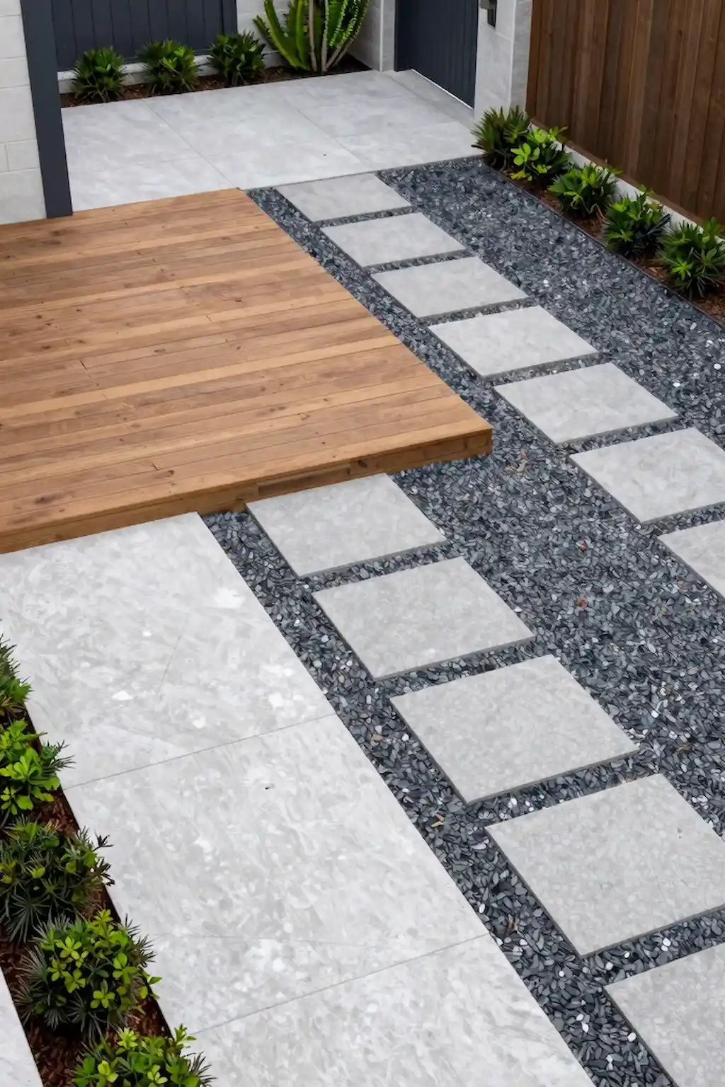Backyard featuring a mix of wood, stone, gravel, and concrete flooring materials
