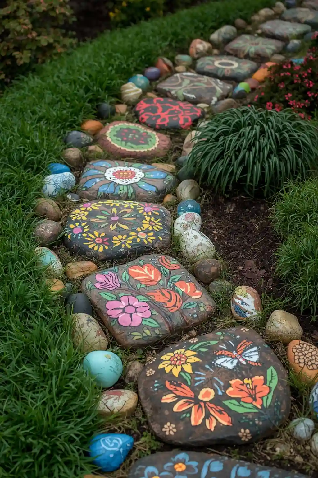 Colorful painted rocks lining a beautiful garden pathway