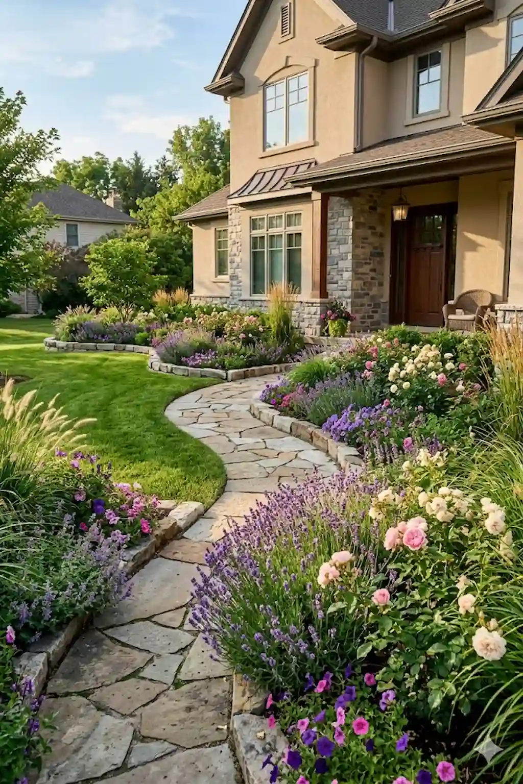 Curved front yard flower bed with colorful blooms and natural landscaping