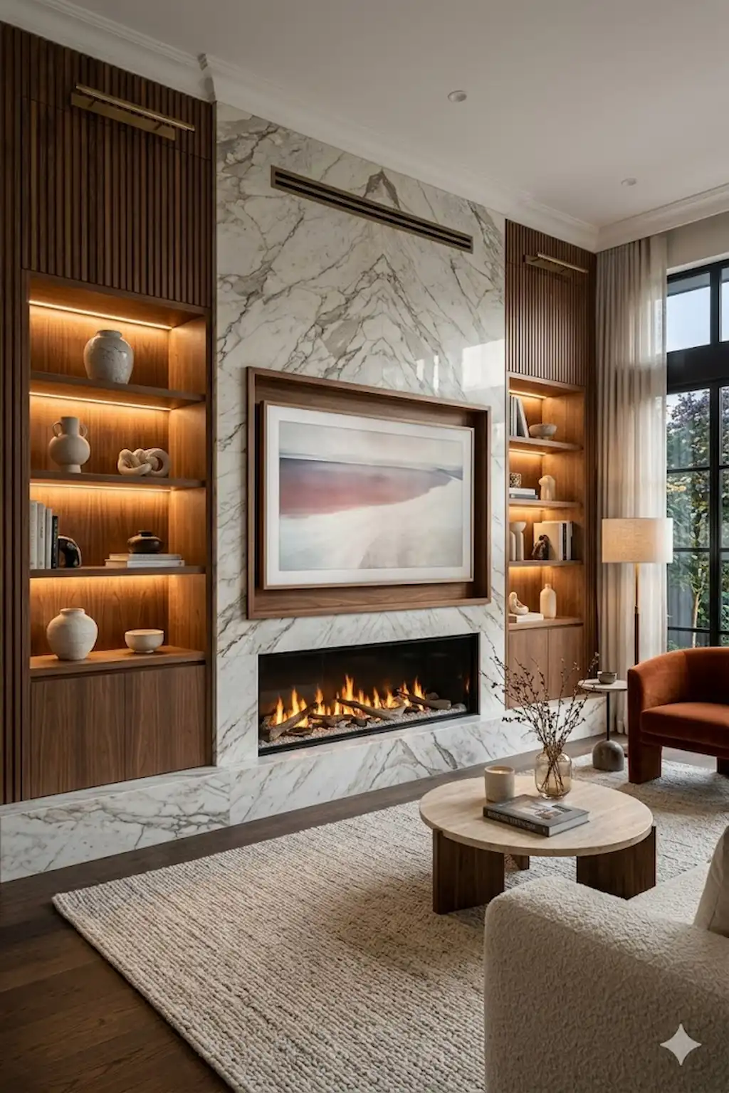 Fully customized luxury fireplace TV wall with premium materials and integrated lighting