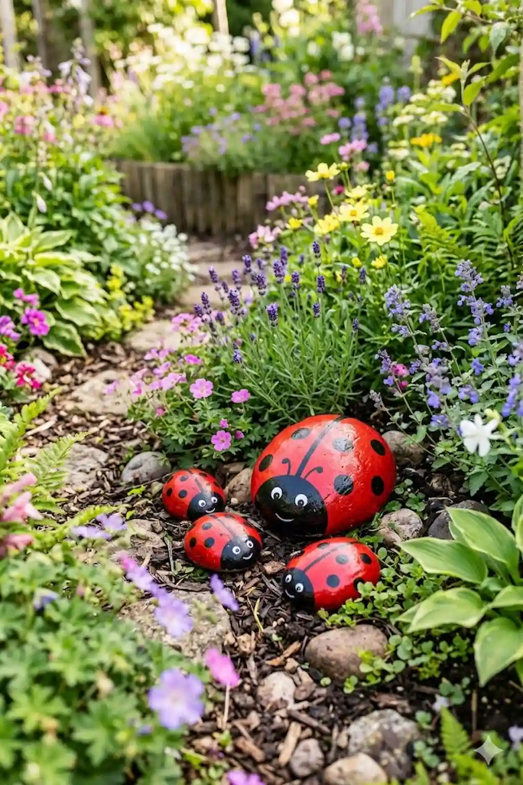 Painted ladybug rocks placed among colorful flowers in a garden bed