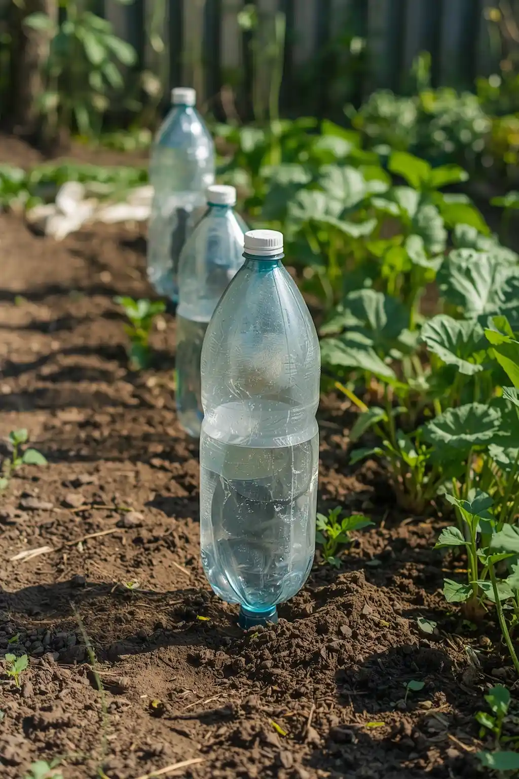 Plastic bottles reused as self-watering systems for garden plants