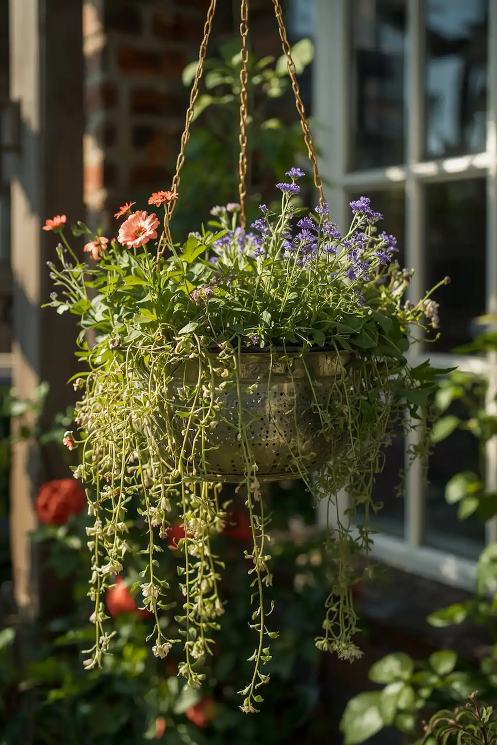Old kitchen colander reused as a hanging garden planter