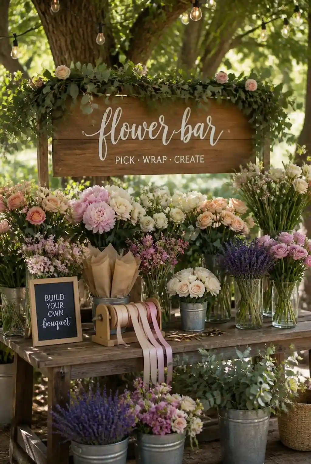 Outdoor flower bar with fresh blooms and bouquet wrapping station