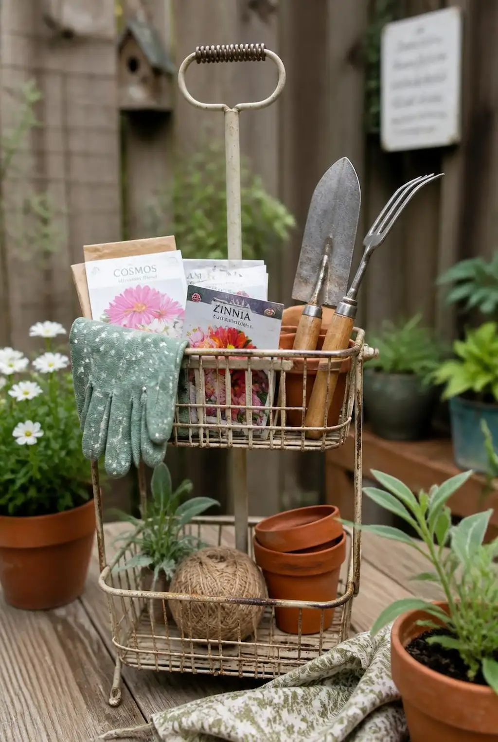 Shower caddy reused to organize gardening tools and supplies