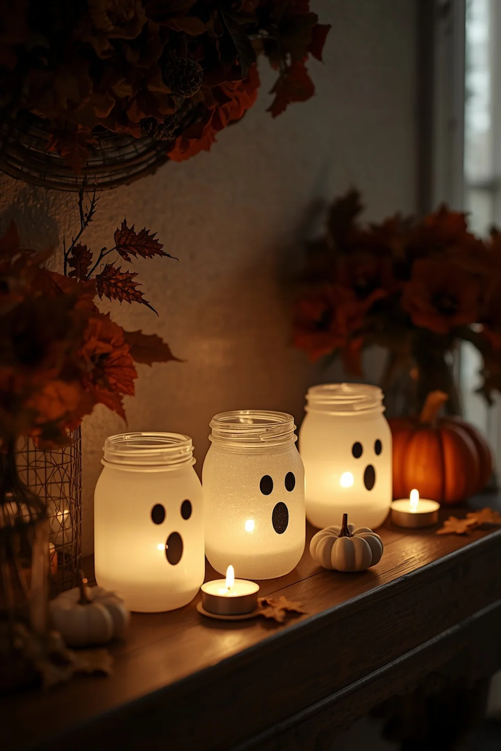 Handmade ghost lanterns made from painted mason jars