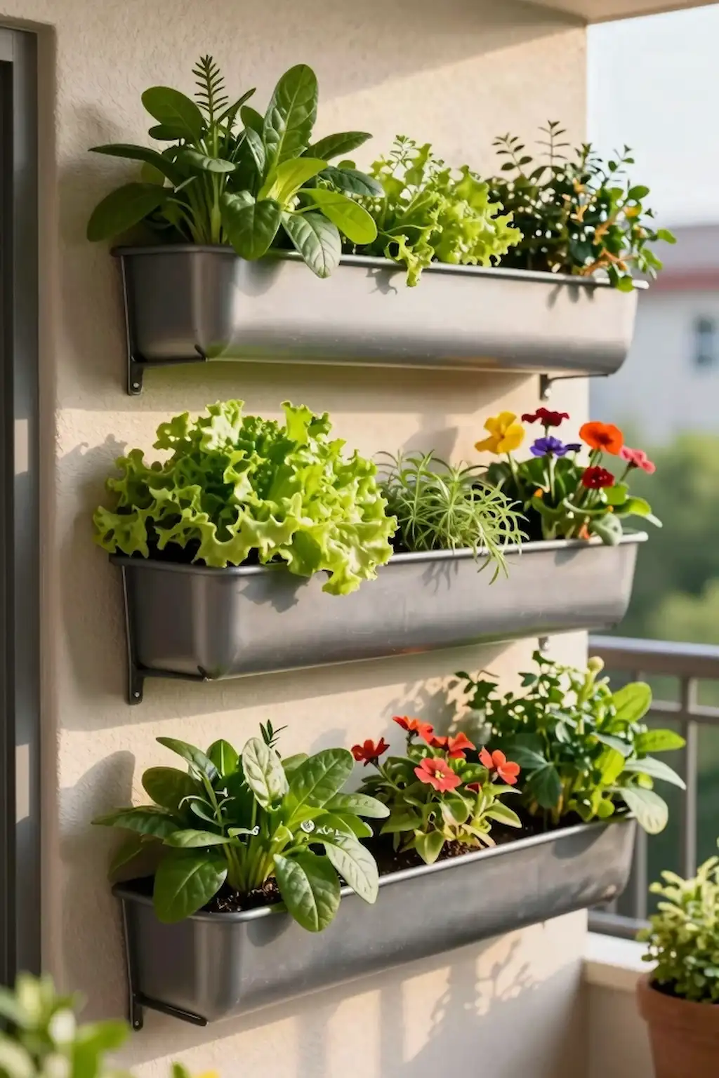 Wall-mounted gutter garden filled with herbs and leafy greens