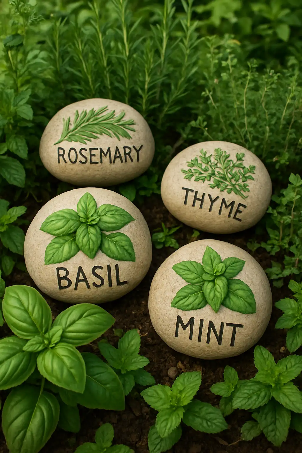 Painted herb marker rocks labeling basil, mint, rosemary, and thyme plants