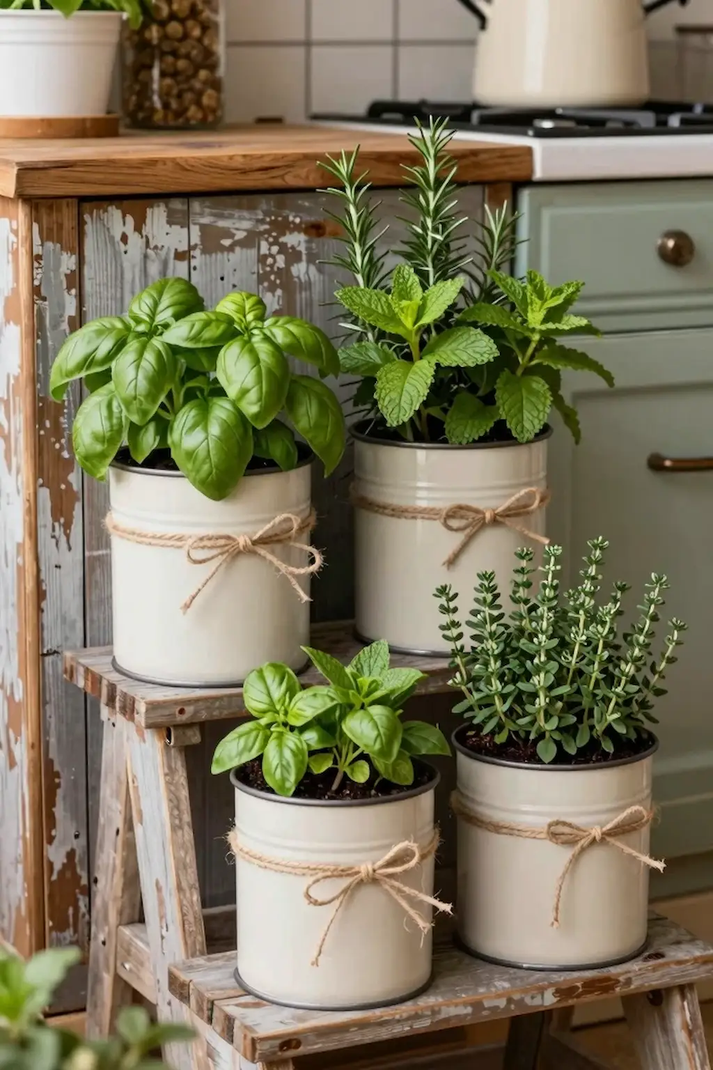 Rustic tin can herb planters hanging in a cozy garden setting