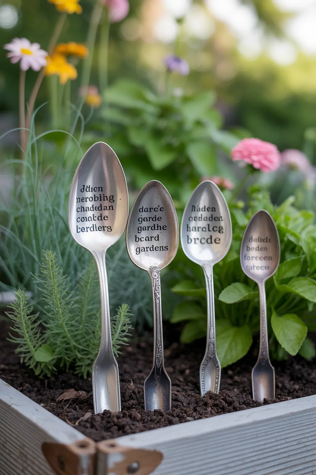 Old spoons reused as decorative plant markers in a garden