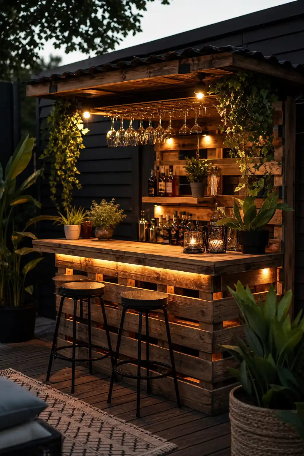 DIY outdoor pallet bar counter with modern backyard styling