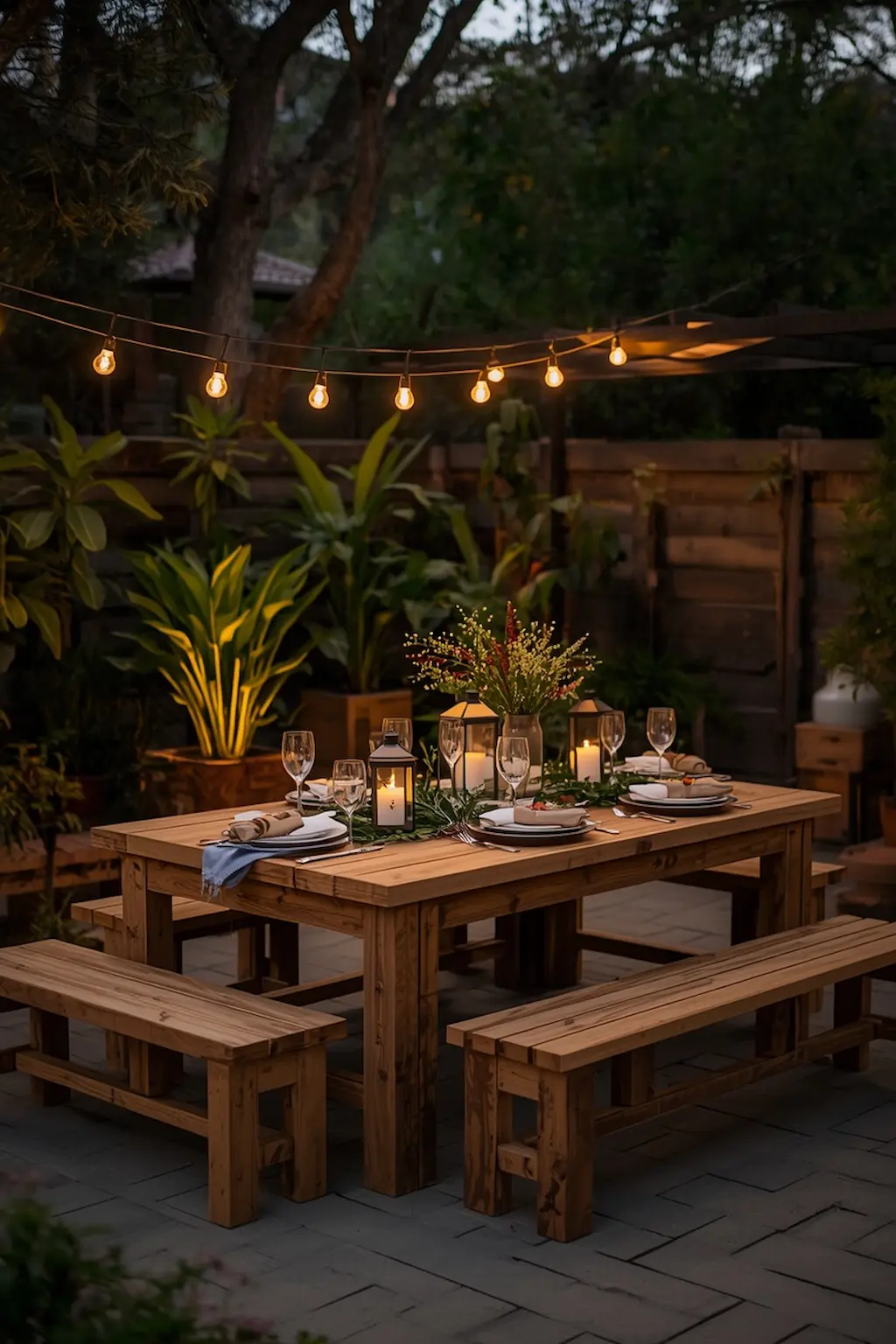 Outdoor pallet dining table set with warm patio lighting