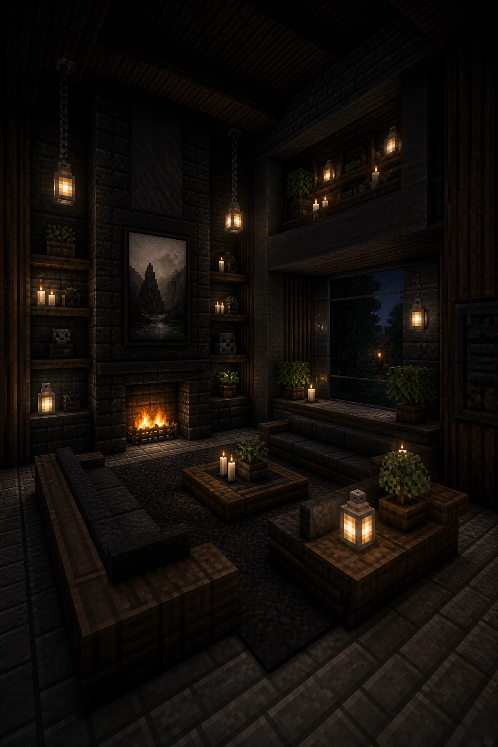 Dark aesthetic Minecraft living room with moody and modern design