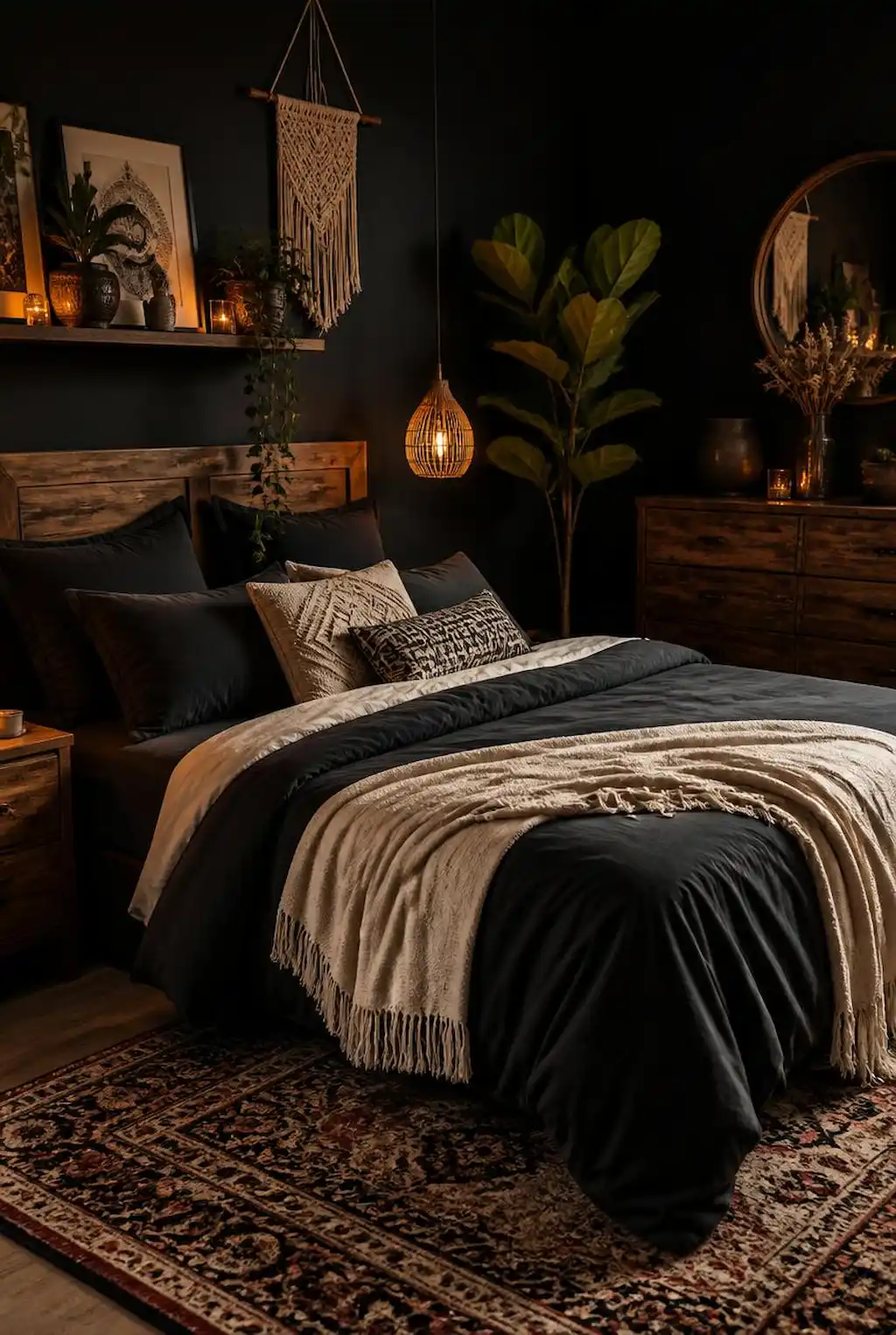 Boho bedroom with dark bedding and layered textures