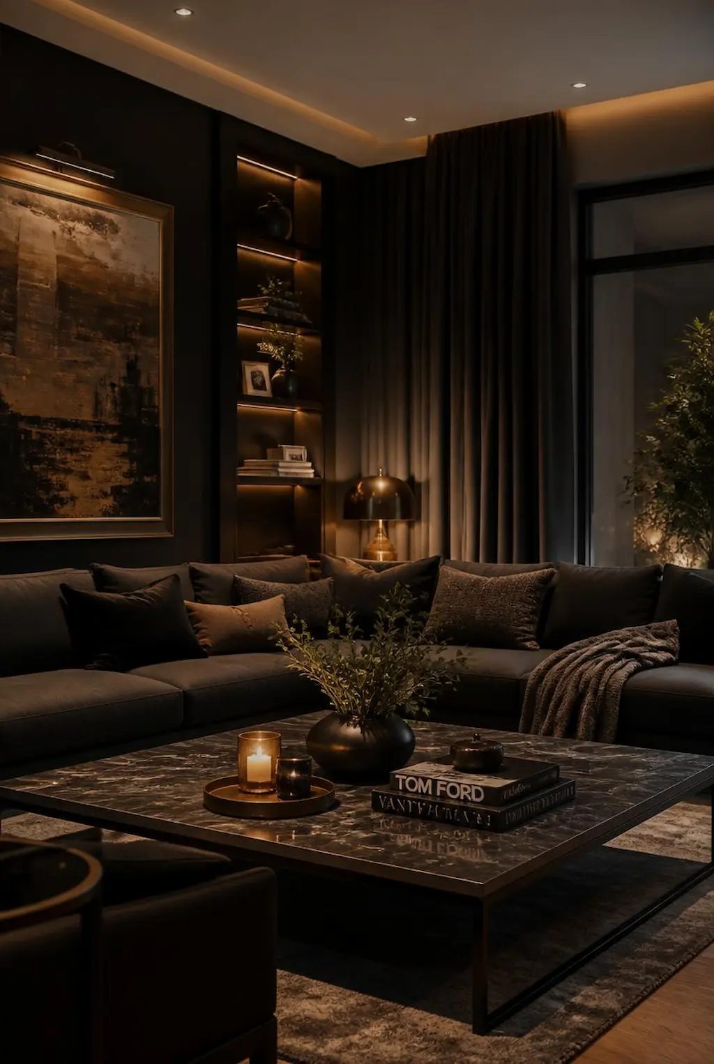 Cozy dark living room with floor-length curtains, warm lighting and modern elegant decor