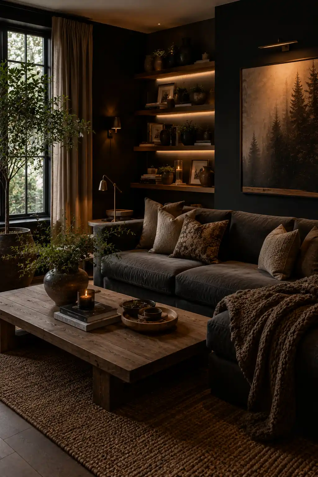 Moody living room with wood coffee table, dark walls, cozy sofa and modern decor styling