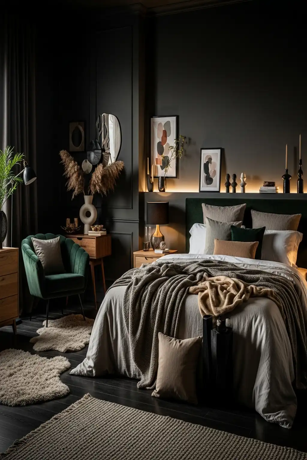 Dark cozy bedroom with moody colors, warm lighting, and layered textures.