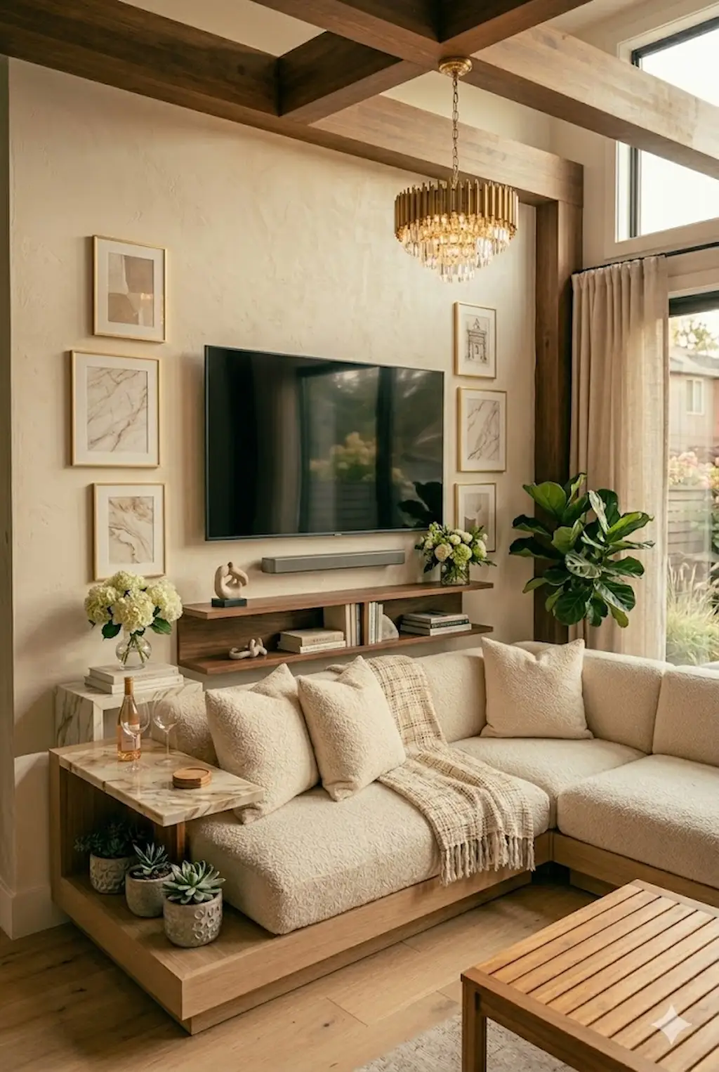 Modern living room with TV gallery wall and cozy contemporary decor