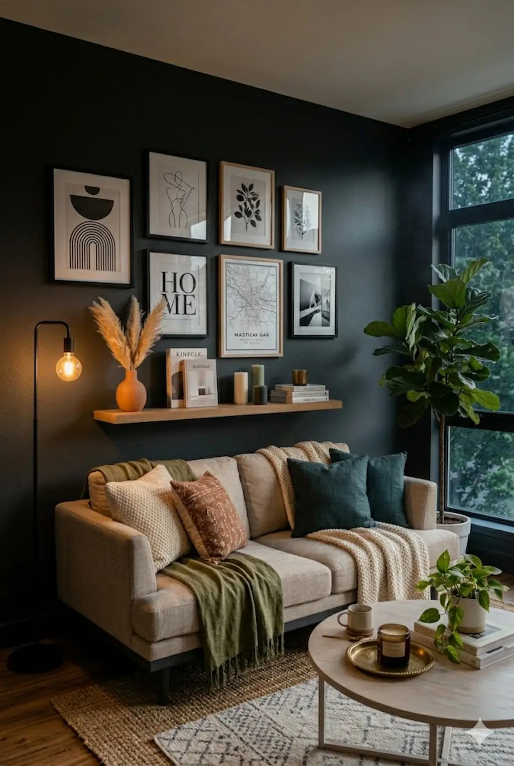 Dark moody living room with charcoal walls, cozy sofa, warm lighting and elegant modern decor
