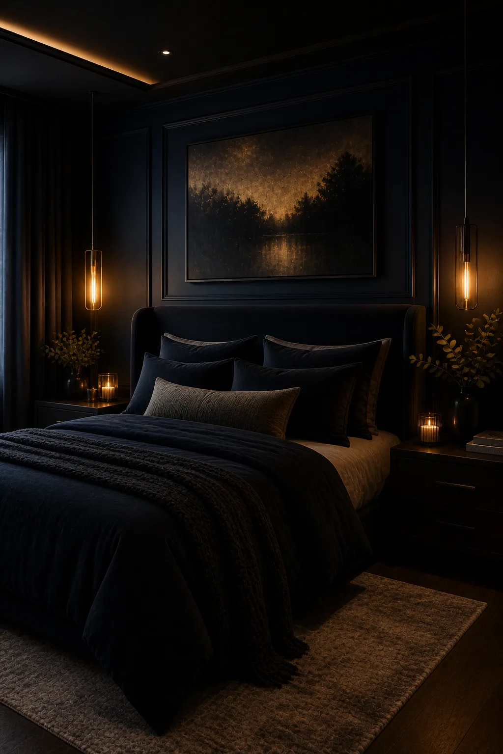 Cozy dark bedroom with navy tones and moody lighting